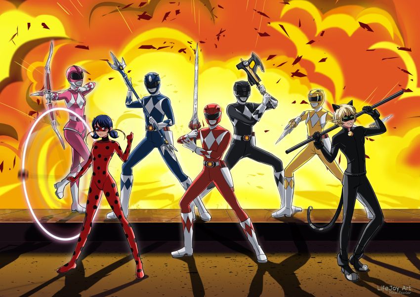 3girls, 4boys, absurdres, adrien_agreste, animal_ears, arms_up, artist_name, axe