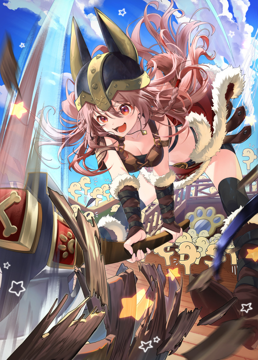 1girl, :d, absurdres, animal_ear_helmet, animal_ears, animal_helmet, armor, axe