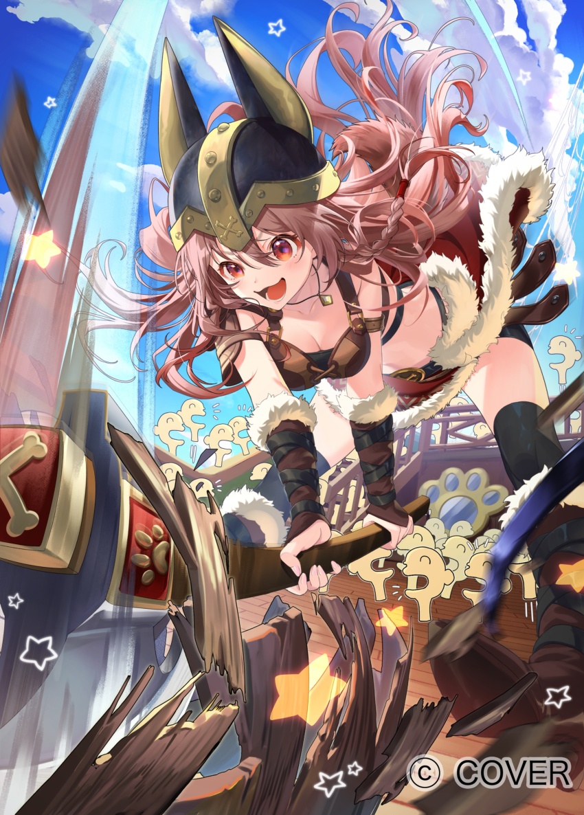 1girl, :d, absurdres, animal_ear_helmet, animal_ears, animal_helmet, armor, axe