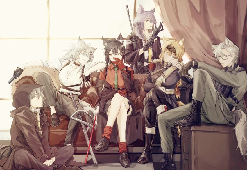 1boy, 5girls, adjusting_clothes, adjusting_gloves, alternate_costume, animal_ears, aosta_(arknights), arknights