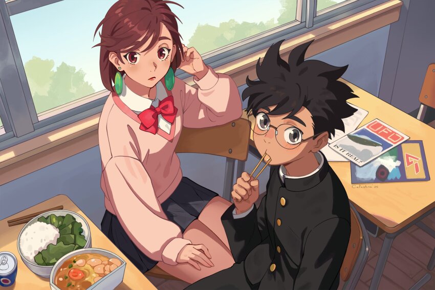 1boy, 1girl, ayase_momo, black_hair, black_jacket, black_pants, black_skirt, bow