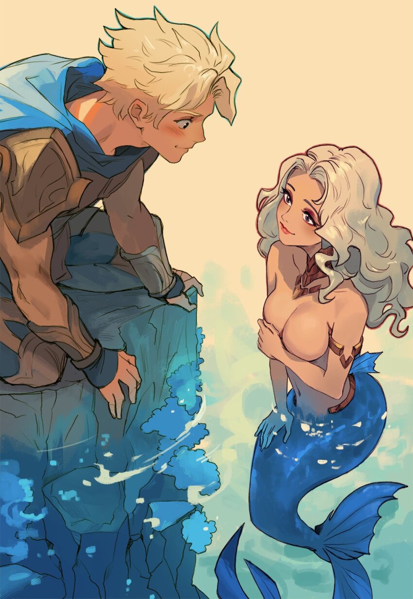 1boy, 1girl, arm_under_breasts, armlet, armor, bare_shoulders, blonde_hair, blue_coat, blush, breasts, celestra, choker, closed_mouth, coat, fins, fish_tail, gold_armlet, grey_hair, highres, jewelry, kneeling, long_hair, looking_at_another, medium_breasts, mermaid, mermay_2025, monster_girl, original, parted_bangs, partially_submerged, short_hair, shoulder_armor, smile, tail, topless_female, vambraces, wavy_hair