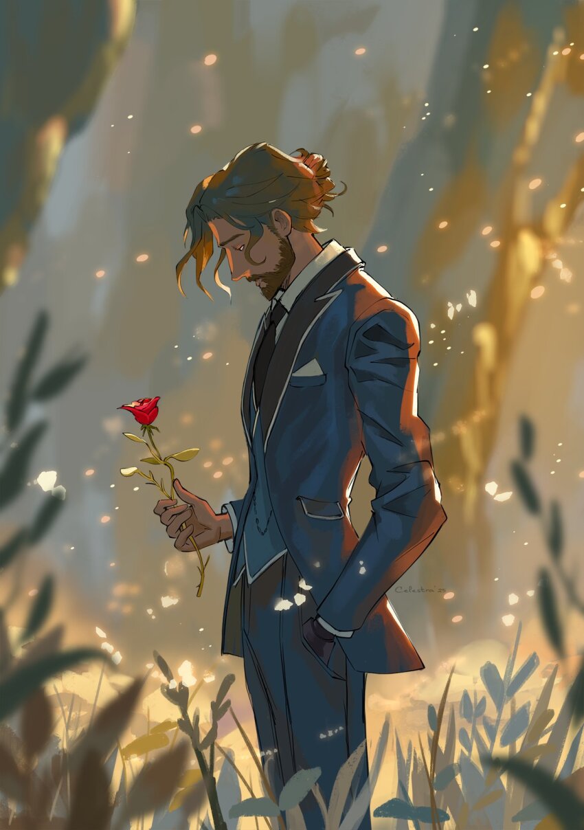 1boy, beard, black_jacket, black_necktie, black_pantyhose, blurry, blurry_background, blurry_foreground