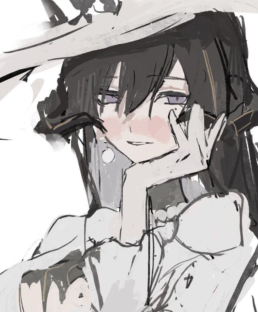 1girl, bare_shoulders, black_horns, blush, brown_hair, demon_girl, earrings, eyeshadow