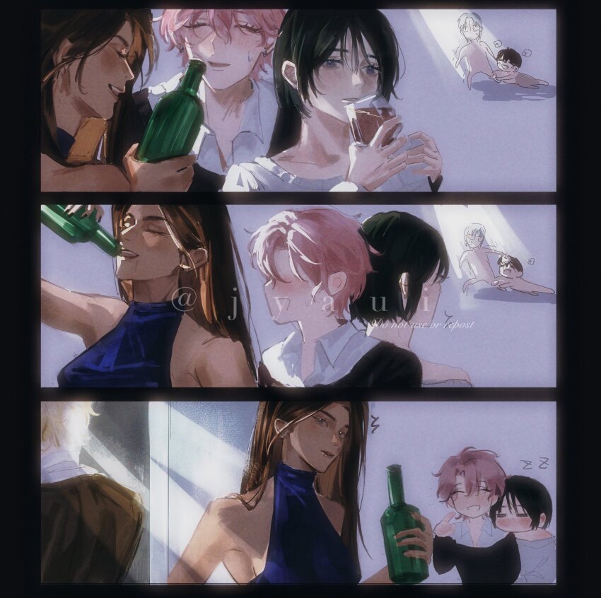 3boys, 3girls, alcohol, alien_stage, artist_name, black_dress, black_hair, bottle