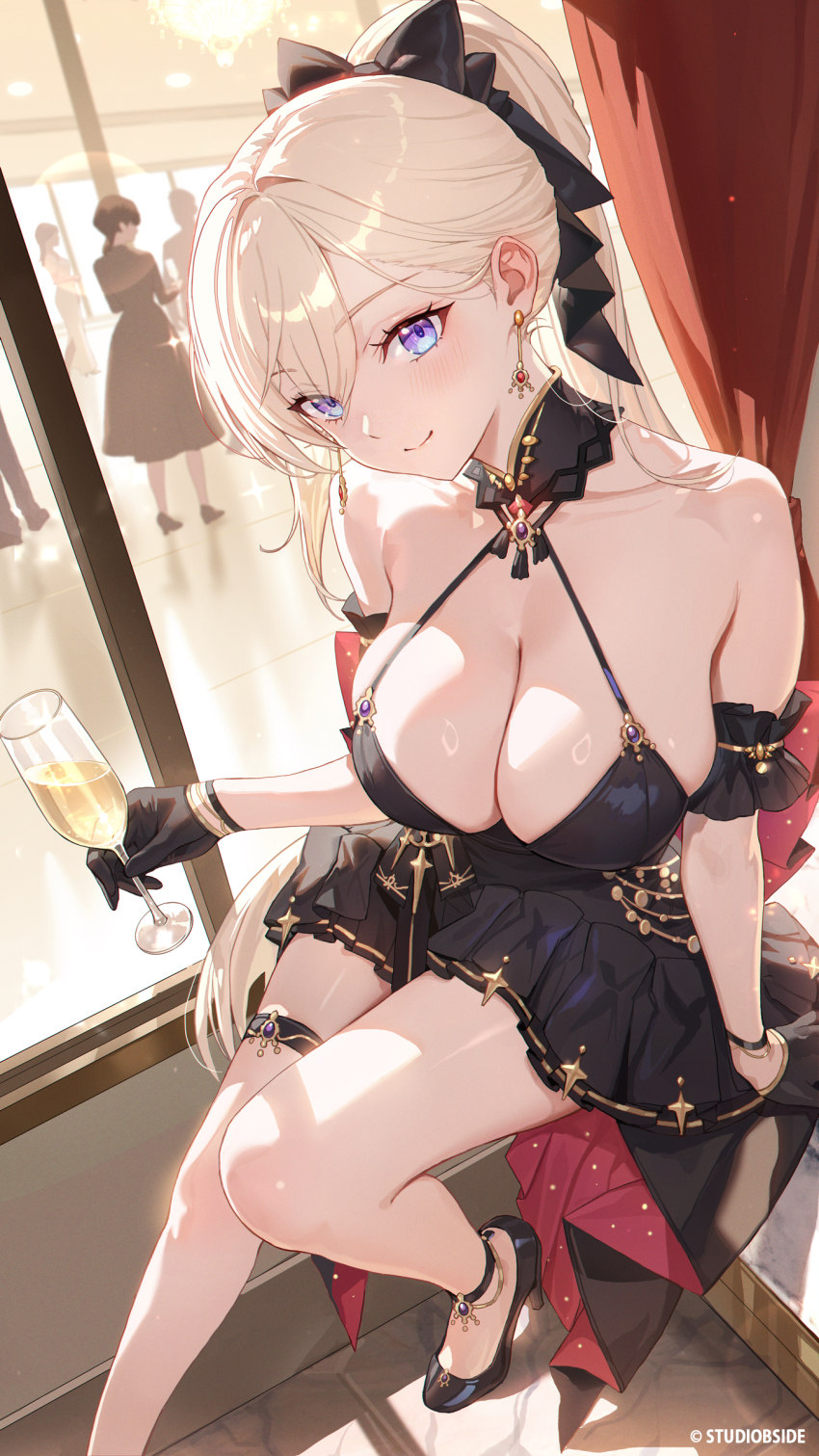 1girl, absurdres, arm_garter, asherah_(star_savior), bare_shoulders, black_dress, black_gloves, black_sandals