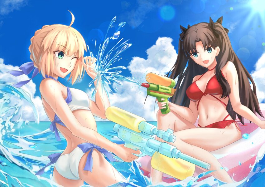 1girl, ahoge, andychen662000, artoria_pendragon_(fate), ass, bikini, black_hair, blonde_hair