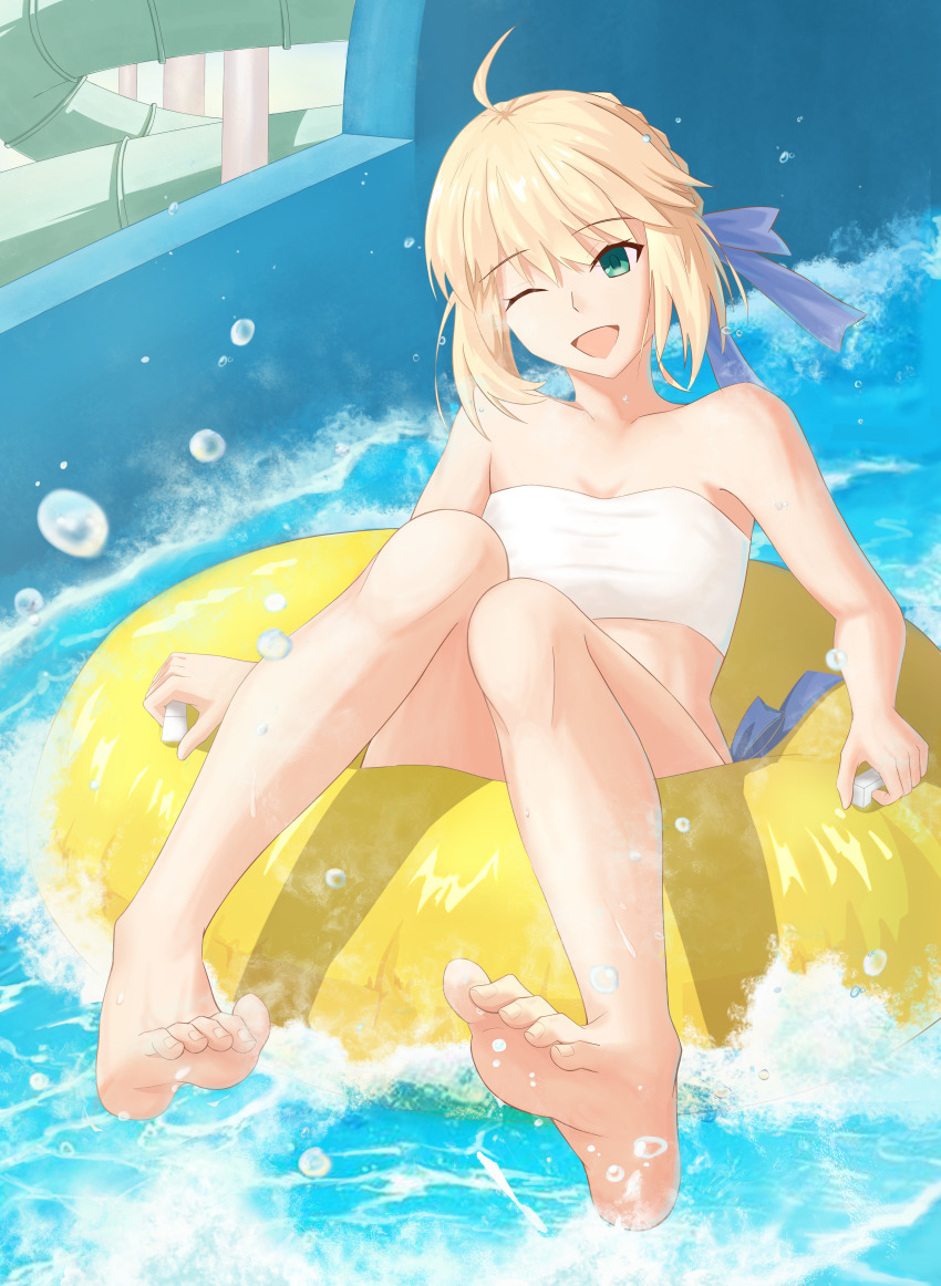 1girl, absurdres, ahoge, andychen662000, artoria_pendragon_(fate), barefoot, bikini, blonde_hair