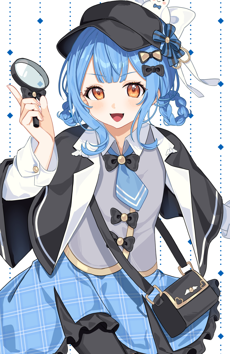 1girl, 55szt, :d, bag, black_bag, black_capelet, black_hat, black_pantyhose