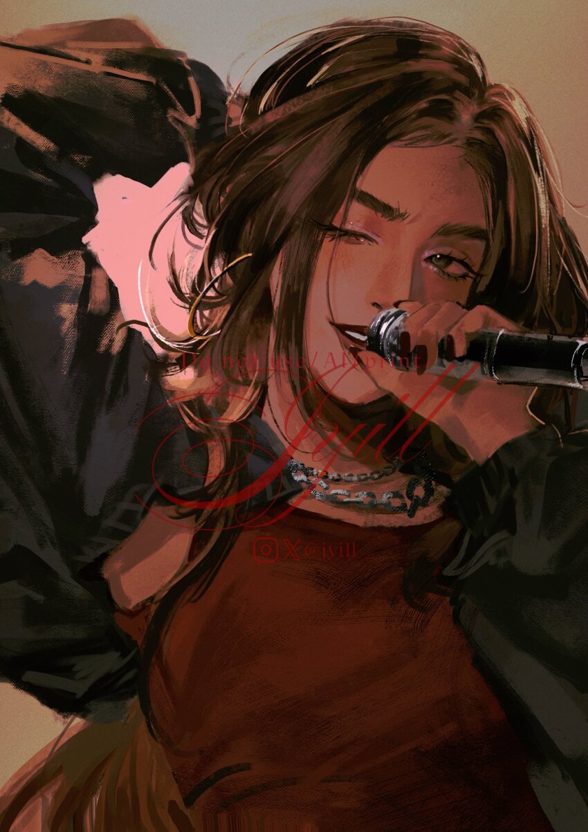 1girl, alien_stage, alternate_costume, arm_behind_head, black_jacket, brown_hair, chain, chain_necklace, dark-skinned_female, dark_skin, dress, grey_eyes, highres, holding, holding_microphone, hyuna_(alien_stage), instagram_logo, jacket, jewelry, jyauii, long_hair, microphone, necklace, one_eye_closed, red_dress, solo, twitter_x_logo