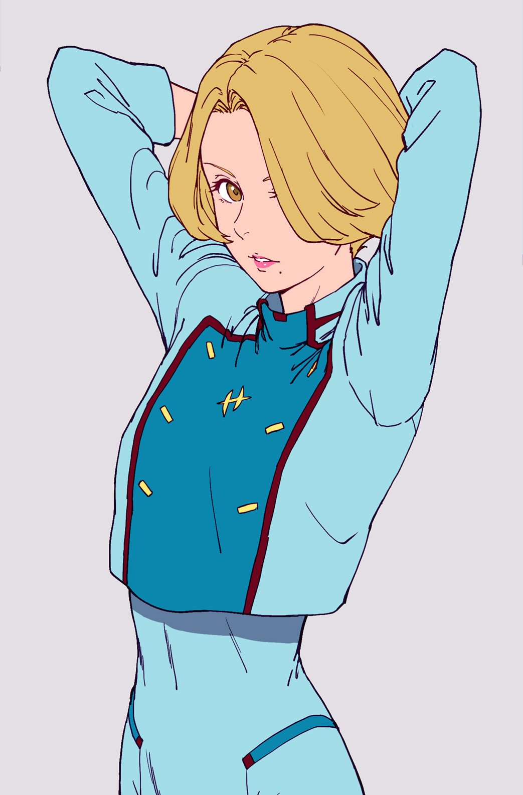 1girl, blonde_hair, blue_jacket, commentary_request, eyebrows_hidden_by_hair, gloves, green_eyes, gundam