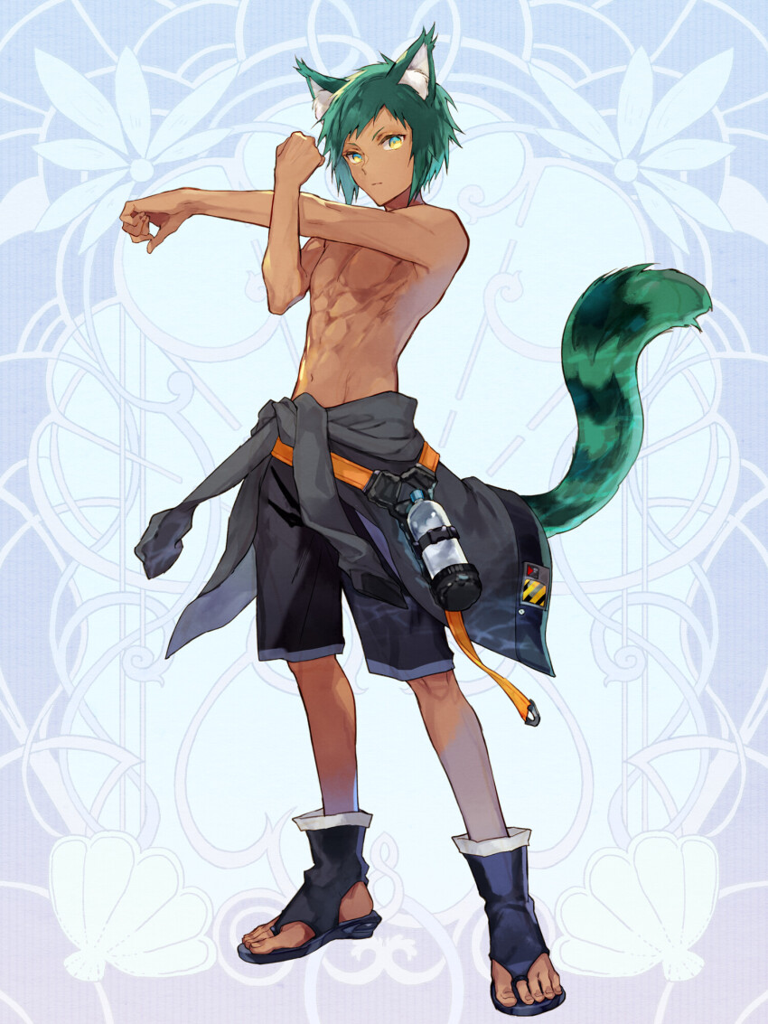 1boy, ai_(1714), amane_kugai, animal_ear_fluff, animal_ears, black_shorts, bottle, cat_ears, cat_tail, chain_paradox, clothes_around_waist, green_hair, highres, looking_at_viewer, male_focus, navel, open-toe_shoes, shirt, shirt_around_waist, shorts, solo, standing, stretching, tail, tan, toned, toned_male, water_bottle