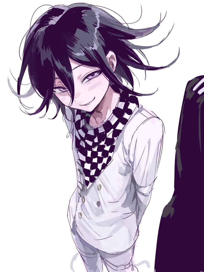 2boys, arms_behind_back, bandana, bandana_around_neck, black_hair, blush, buttons, checkered_bandana, cowboy_shot, danganronpa_(series), danganronpa_v3:_killing_harmony, double-breasted, empty_eyes, from_above, grin, hair_between_eyes, half-closed_eyes, head_tilt, highres, jacket, long_sleeves, looking_at_viewer, looking_up, male_focus, medium_hair, messy_hair, multiple_boys, oma_kokichi, out_of_frame, pants, purple_eyes, saihara_shuichi, scarf, smile, smirk, solo_focus, usagi_mi_nagi, white_background, white_jacket, white_pants