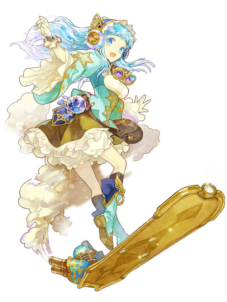 1girl, ai_(1714), bag, blue_eyes, blue_hair, blue_shoes, breasts, brown_skirt, dairoku_ryouhei, goggles, goggles_around_neck, handbag, headphones, hoverboard, mary_fulmevara, potion, shoes, skirt, small_breasts, steam, transparent_background, vial, wide_sleeves
