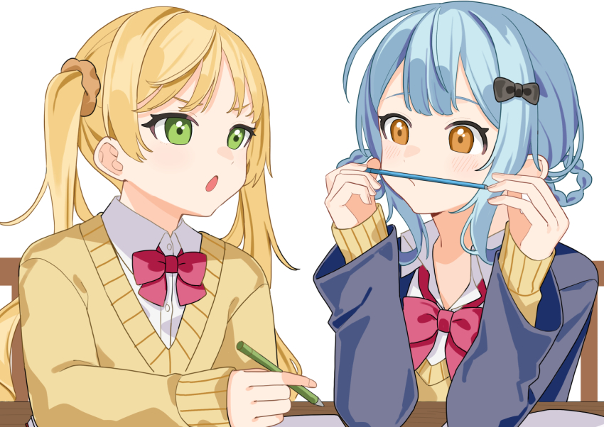 2girls, 55szt, :o, alternate_costume, blonde_hair, blue_hair, blue_jacket, bow