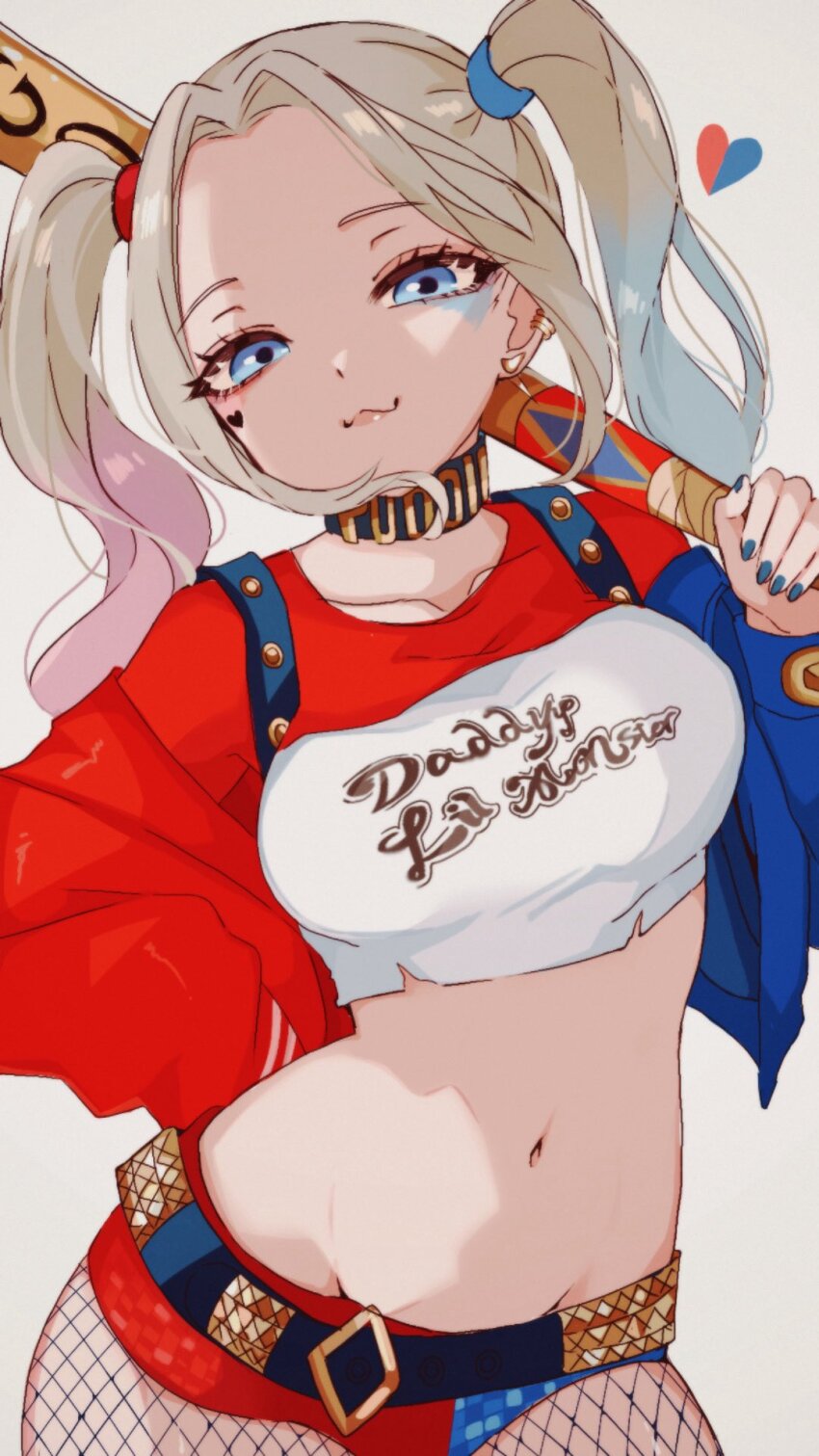 1girl, :3, baseball_bat, belt, black_belt, black_choker, blonde_hair, blue_eyes, blue_nails, breasts, choker, closed_mouth, collarbone, commentary, cowboy_shot, crop_top, curtained_hair, dc_comics, facial_tattoo, fingernails, fishnet_pantyhose, fishnets, fortnite, gradient_hair, groin, harley_quinn, heart, heart_tattoo, highres, holding, holding_baseball_bat, jacket, jacket_partially_removed, kurerin, looking_at_viewer, medium_breasts, multicolored_hair, multicolored_jacket, nail_polish, navel, pantyhose, sidelocks, simple_background, smile, solo, stomach, suicide_squad, suicide_squad_(2016_movie), tattoo, twintails, two-tone_jacket, two-tone_shirt, two-tone_shorts, white_background