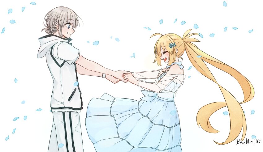 1boy, 1girl, ahoge, artist_name, artoria_caster_(fate), artoria_caster_(over_the_same_sky)_(fate), artoria_pendragon_(fate), blaulilie110