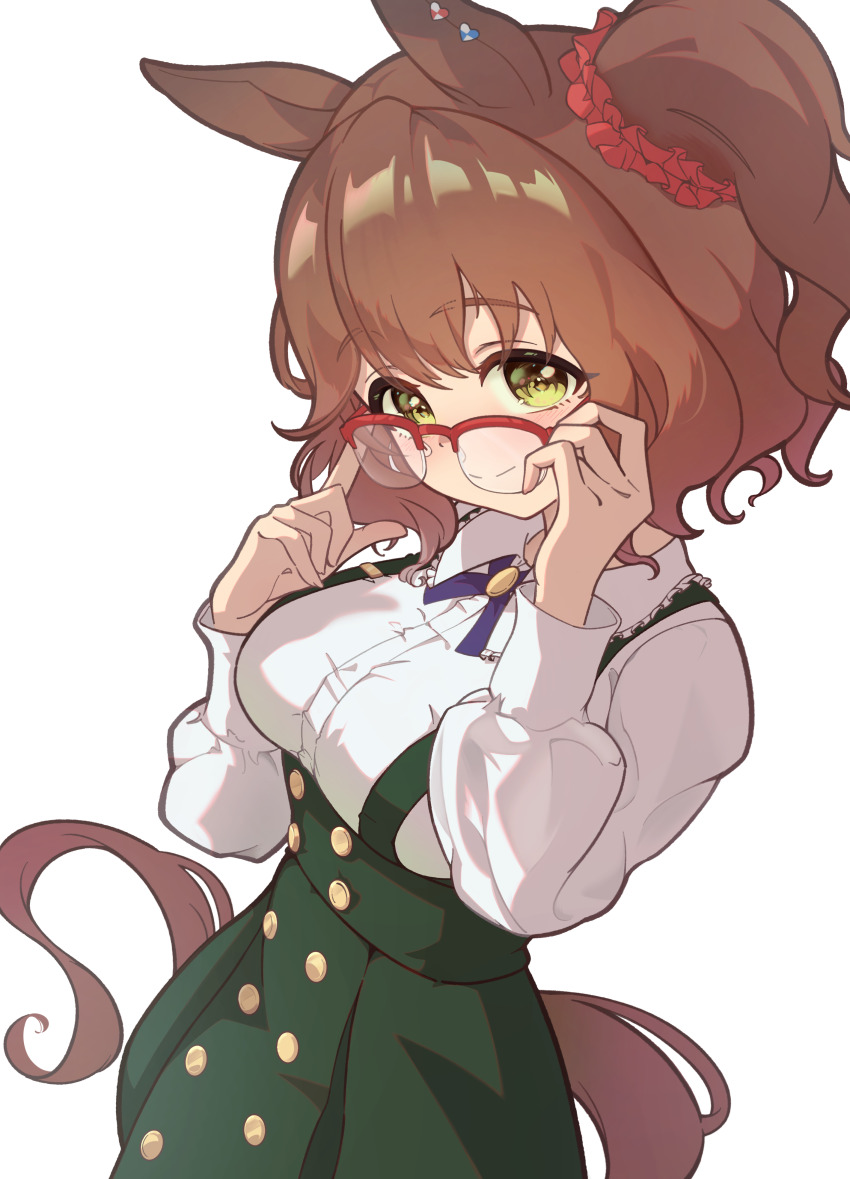 1girl, absurdres, animal_ears, aston_machan_(umamusume), blush, breasts, brown_hair, closed_mouth