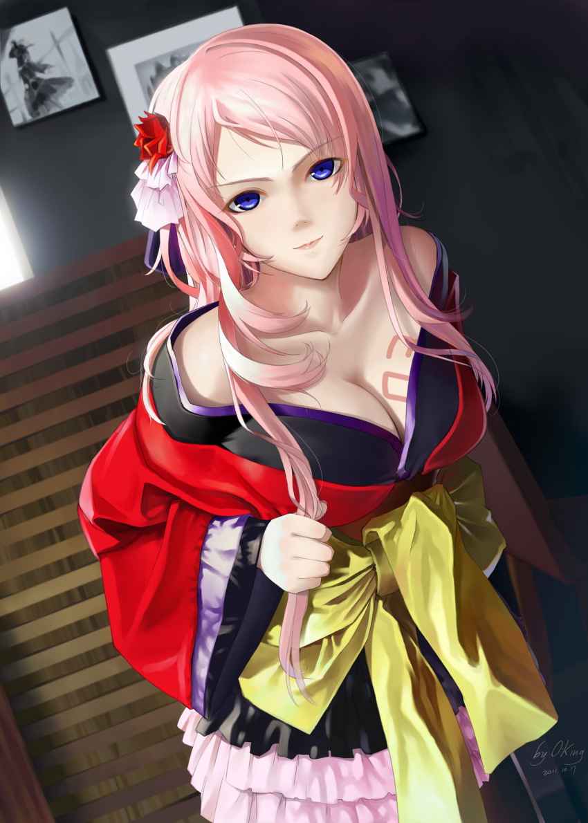 1girl, absurdres, bare_shoulders, blue_eyes, breasts, cleavage, collarbone, dutch_angle, female_focus, flower, frilled_skirt, frills, hair_flower, hair_ornament, highres, japanese_clothes, kimono, large_breasts, layered_skirt, long_hair, looking_at_viewer, megurine_luka, megurine_luka_(hana), miniskirt, off_shoulder, okingjo, pink_hair, pleated_skirt, project_diva, project_diva_(series), project_diva_2nd, skirt, smile, solo, tattoo, vocaloid, white_skirt