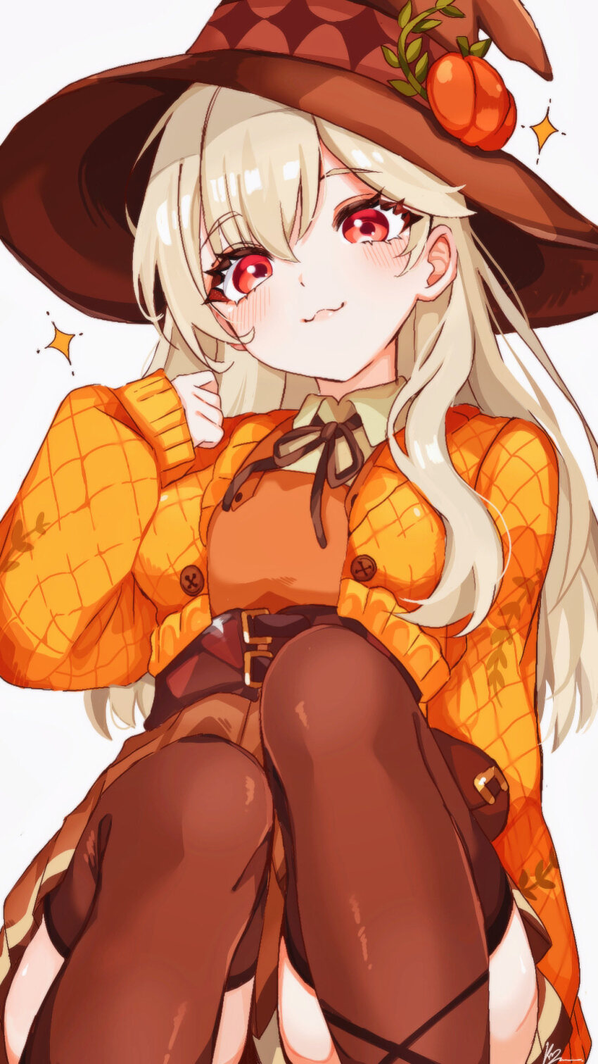 1girl, :3, belt, blonde_hair, blush, breasts, brown_belt, brown_hat