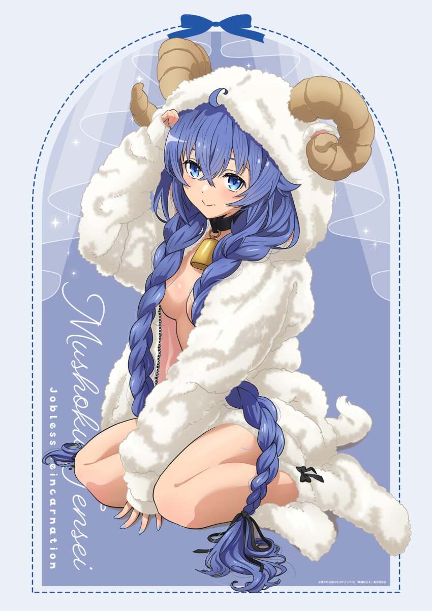 1girl, ahoge, animal_collar, animal_hood, bell, blue_background, blue_eyes, blue_hair