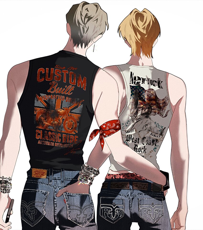 2boys, absurdres, american_flag, american_flag_print, animal_print, arm_at_side, back, bandana