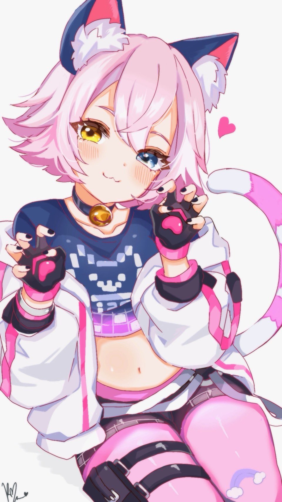 1girl, :3, animal_ear_fluff, animal_ears, bell, belt, black_choker, black_gloves