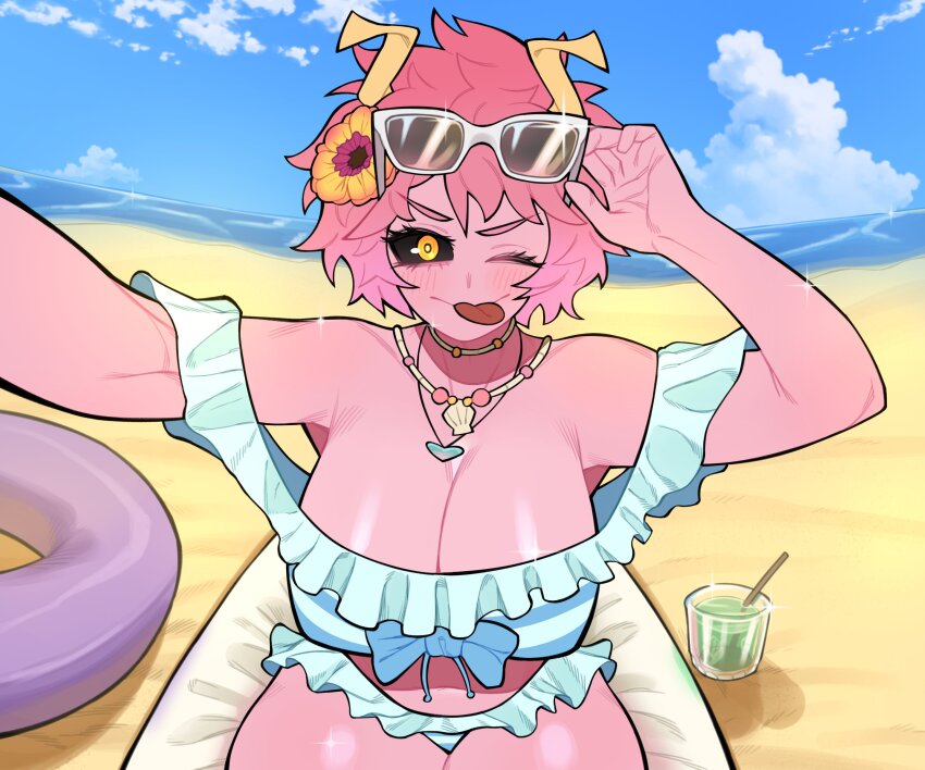 1girl, absurdres, ashido_mina, bare_shoulders, beach, bikini, black_sclera, blush