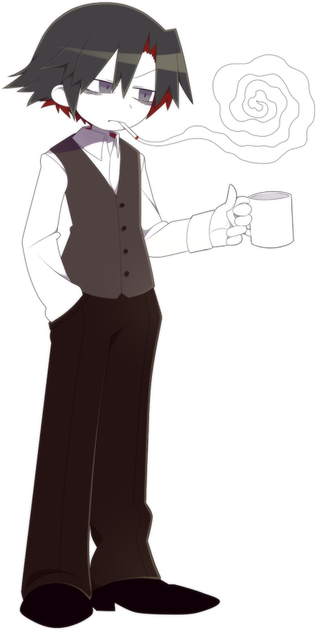 1boy, black_hair, cigarette, colored_inner_hair, colored_skin, cup, fumus_(funamusea), funamusea