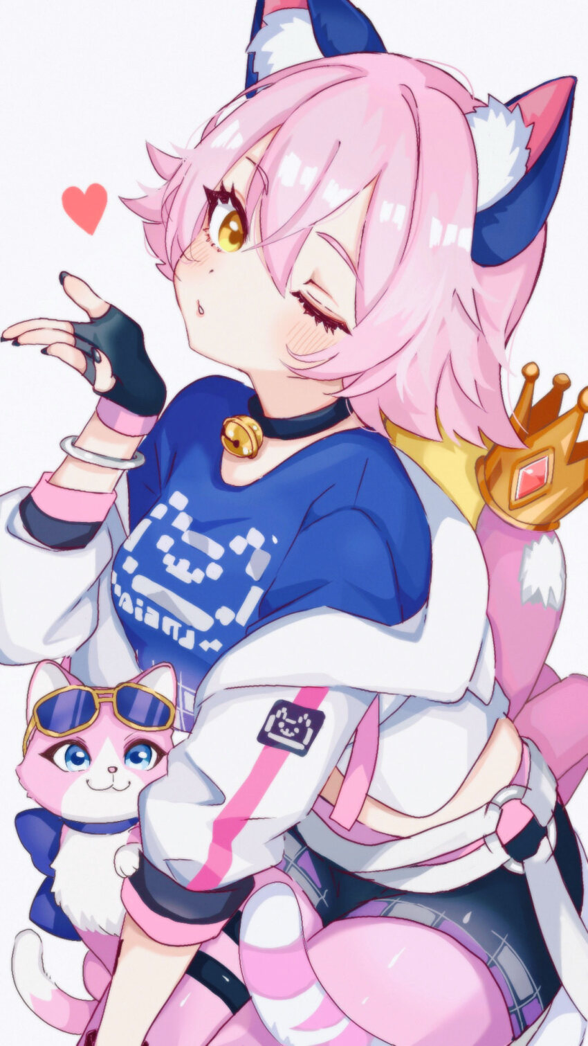 1girl, animal_ear_fluff, animal_ears, bell, black_choker, black_gloves, black_nails, black_shorts, blowing_kiss, blue_shirt, blush, bracelet, cat, cat_ears, cat_girl, cat_tail, catrin_glitch, choker, commentary, crop_top, dot_nose, fingerless_gloves, fortnite, gloves, hair_between_eyes, heart, highres, hood, hooded_track_jacket, jacket, jacket_partially_removed, jewelry, kurerin, medium_hair, midriff, multiple_thigh_straps, neck_bell, one_eye_closed, open_hand, pantyhose, parted_lips, pink_cat, pink_hair, pink_pantyhose, shirt, shorts, simple_background, striped_tail, tail, thigh_strap, track_jacket, white_background, white_jacket, yellow_eyes