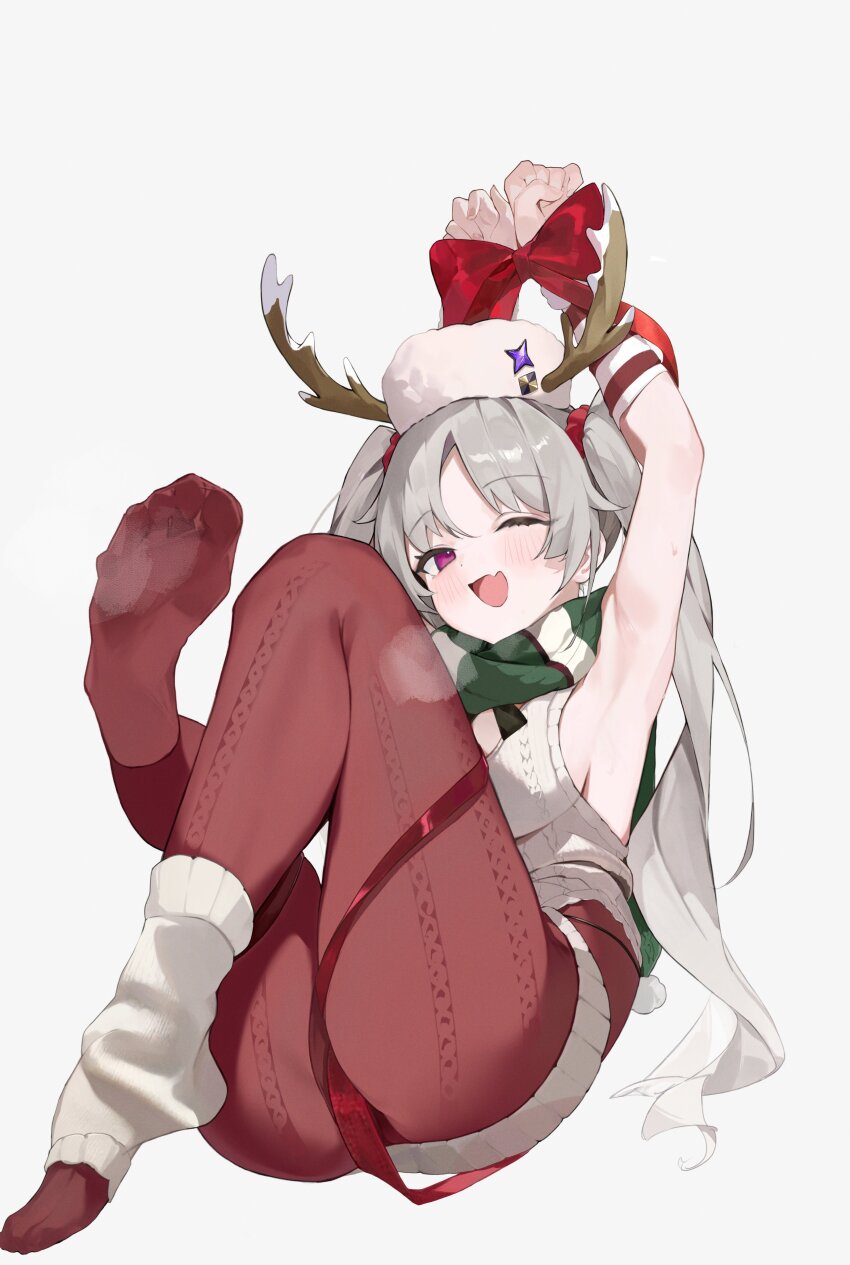 1girl, absurdres, antlers, armpits, arms_up, ass, bdsm, blush