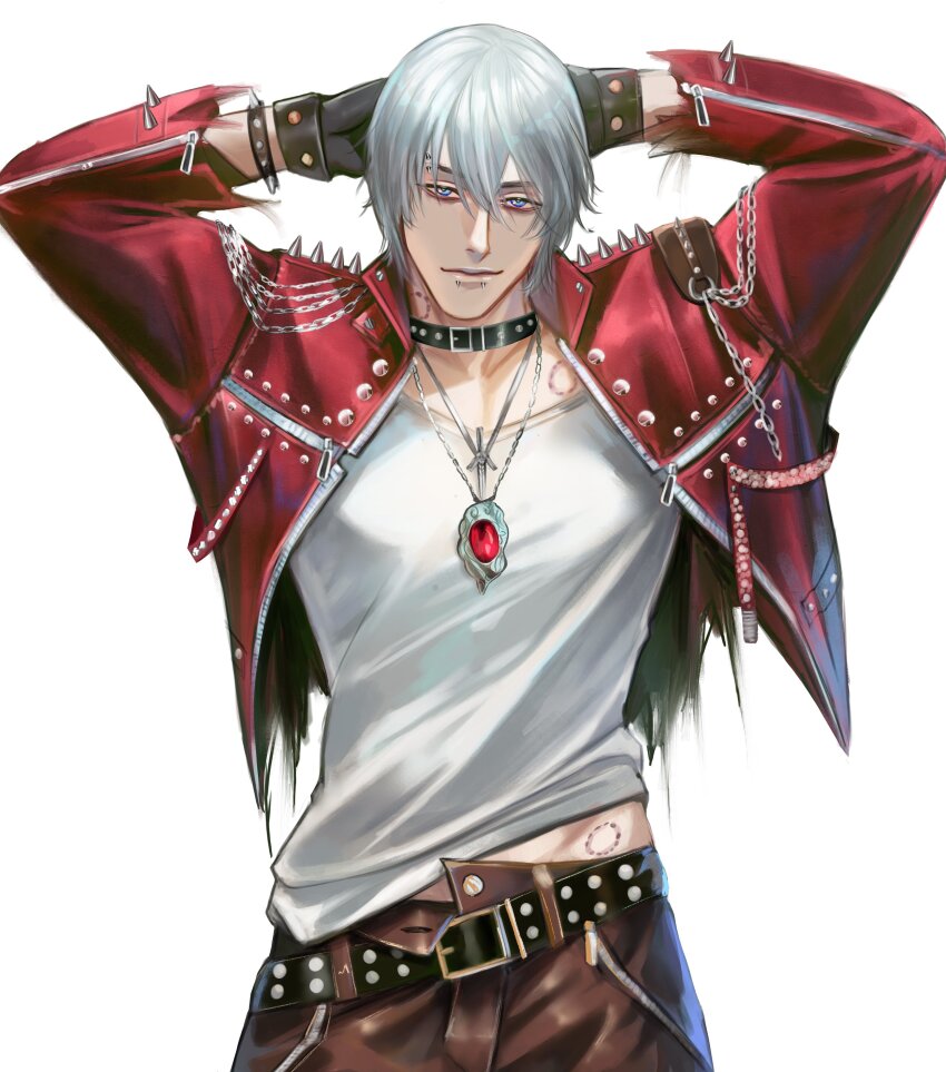 1boy, absurdres, alternate_costume, arms_behind_head, belt, belt_collar, bite_mark, bite_mark_on_hip, bite_mark_on_neck, bite_mark_on_pectorals, black_belt, black_choker, black_gloves, blue_eyes, bracelet, brown_pants, chain, choker, closed_mouth, collar, collarbone, commentary, cowboy_shot, cropped_jacket, dante_(devil_may_cry), devil_may_cry, devil_may_cry_(series), devil_may_cry_3, english_commentary, eyebrow_piercing, face_piercing, gem, gloves, hair_between_eyes, half-closed_eyes, henoopd, highres, jacket, jewelry, light_smile, lip_piercing, long_sleeves, looking_at_viewer, male_focus, midriff_peek, necklace, nose, open_clothes, open_jacket, pants, piercing, red_gem, red_jacket, shirt, short_hair, simple_background, solo, spiked_bracelet, spiked_jacket, spikes, studded_belt, studded_jacket, white_background, white_hair, white_shirt