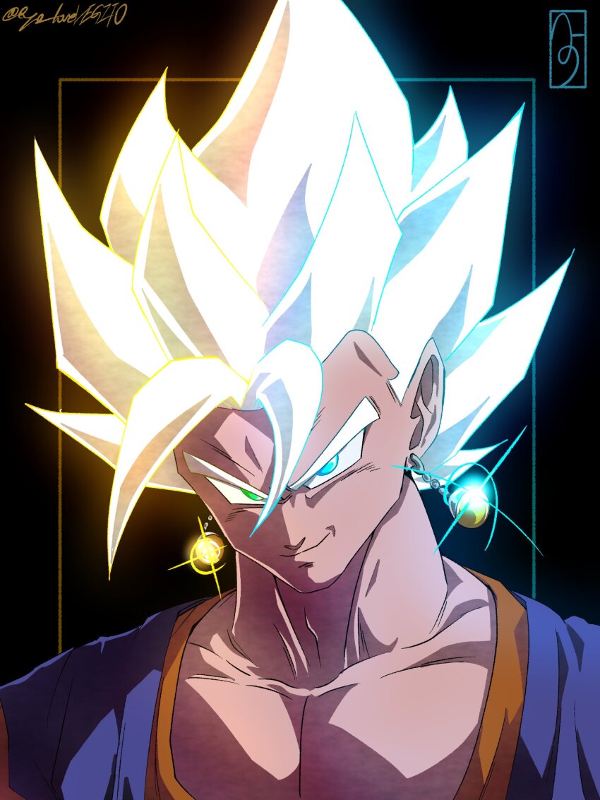 1boy, black_background, blonde_hair, blue_shirt, commentary_request, dragon_ball, dragonball_z, earrings