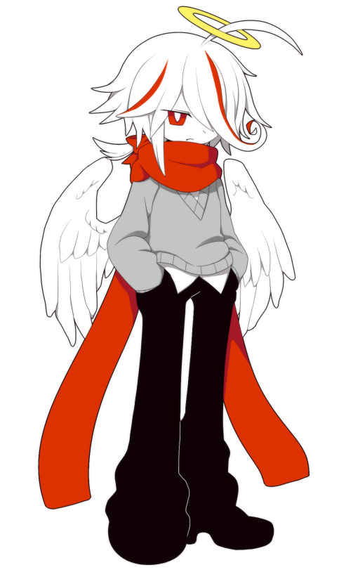 1boy, ahoge, angel, angel_wings, closed_mouth, colored_skin, feathered_wings, funamusea, funamusea_(artist), halo, lasafam_(funamusea), long_sleeves, low_ponytail, medium_hair, multicolored_hair, narrowed_eyes, official_art, ponytail, red_eyes, red_hair, school_uniform, shirt, shoes, solo, traditional_halo, white_background, white_hair, white_skin, wings