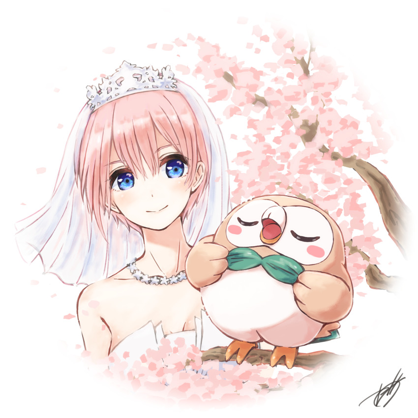 1girl, bare_shoulders, blue_eyes, branch, breasts, bridal_veil, cherry_blossoms, cleavage