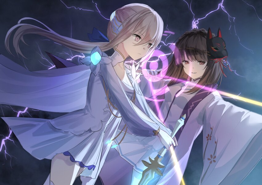 2girls, absurdres, blonde_hair, bow_(weapon), braid, breasts, brown_hair, crown_braid