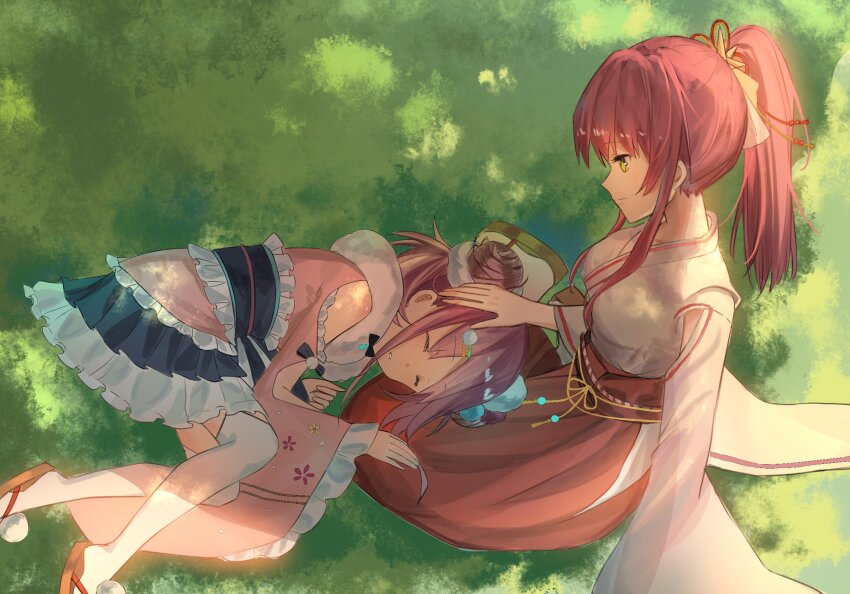 2girls, aikawa_megumi, aikawa_megumi_(heart-stirring_flame), commission, double_bun, dress, geta, grass