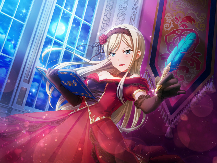 1girl, adapted_costume, black_choker, black_gloves, blonde_hair, blue_eyes, book, breasts, cardinal_richelieu, cardinal_richelieu_(cosplay), choker, cleavage, commentary, cosplay, dress, elbow_gloves, english_commentary, game_cg, gloves, gown, hair_between_eyes, headpiece, holding, holding_book, holding_quill, indoors, long_hair, looking_at_viewer, medium_breasts, official_art, open_mouth, quill, red_dress, shoujo_kageki_revue_starlight, shoujo_kageki_revue_starlight_-re_live-, solo, standing, the_three_musketeers, upper_body, window, yumeoji_fumi