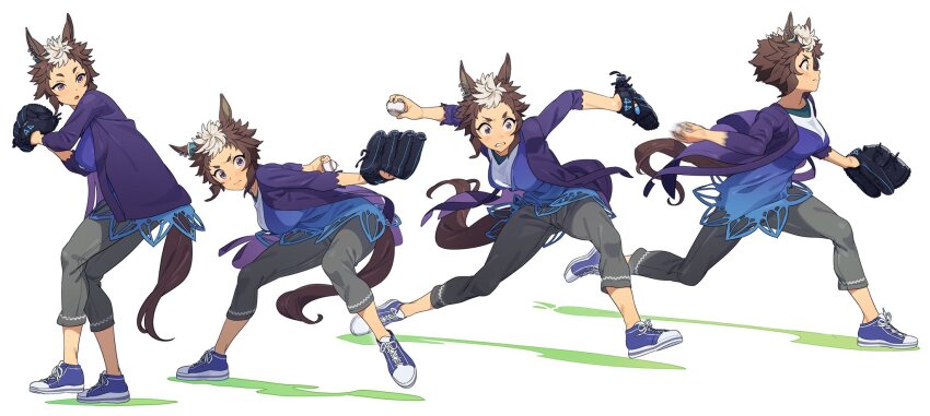 1girl, animal_ears, ball, baseball, baseball_(object), baseball_glove, blue_shirt, breasts