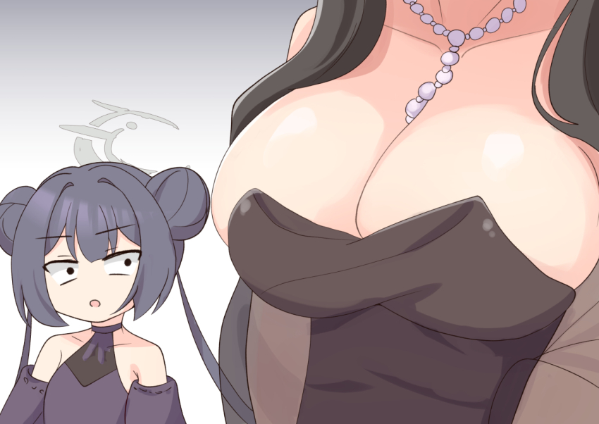 2girls, bare_shoulders, bead_necklace, beads, black_eyes, black_hair, blue_archive, breast_conscious, breast_focus, breasts, cleavage, commentary_request, detached_sleeves, double_bun, flat_chest, hair_bun, head_out_of_frame, jewelry, kisaki_(blue_archive), kisaki_(dress)_(blue_archive), large_breasts, long_hair, multiple_girls, necklace, open_mouth, rio_(blue_archive), rio_(dress)_(blue_archive), shirayume_(shirayumetei), simple_background, twintails, white_background, wide-eyed