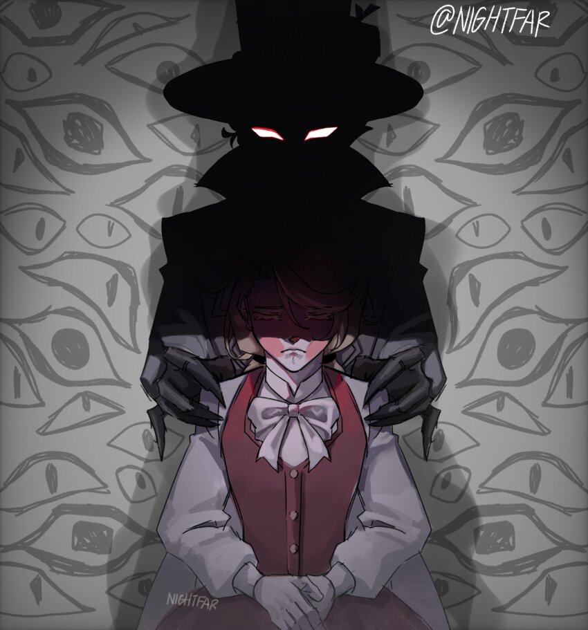 1boy, 1girl, artist_name, blonde_hair, blush_stickers, bow, bowtie, charlie_morningstar, claws, closed_eyes, commentary, english_commentary, facing_viewer, glowing, glowing_eyes, hands_on_another's_shoulders, hat, hazbin_hotel, hellaverse, highres, long_hair, long_sleeves, lucifer_morningstar_(hazbin_hotel), nightfar, puffy_long_sleeves, puffy_sleeves, red_vest, swept_bangs, top_hat, vest, white_bow, white_bowtie, white_eyes