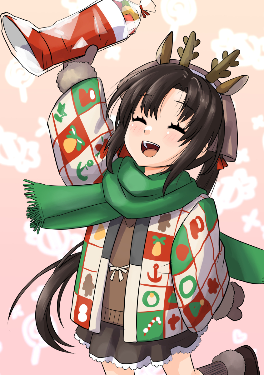 1girl, animal_ears, antlers, arm_up, bandana, black_hair, boots, brown_bandana, brown_boots, brown_gloves, brown_skirt, brown_sweater, christmas_stocking, closed_eyes, coat, commentary_request, deer_ears, fake_antlers, gloves, green_scarf, highres, holding, horns, kantai_collection, leg_up, long_hair, nankai_(kancolle), nekotarou_(nktr299), nosaki_(christmas)_(kancolle), nosaki_(kancolle), official_alternate_costume, open_mouth, print_coat, reindeer_antlers, scarf, sidelocks, skirt, smile, solo, sweater