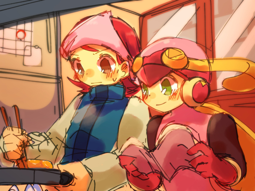 2girls, black_bodysuit, blue_jacket, blue_shirt, bodysuit, book, brown_eyes, chopsticks