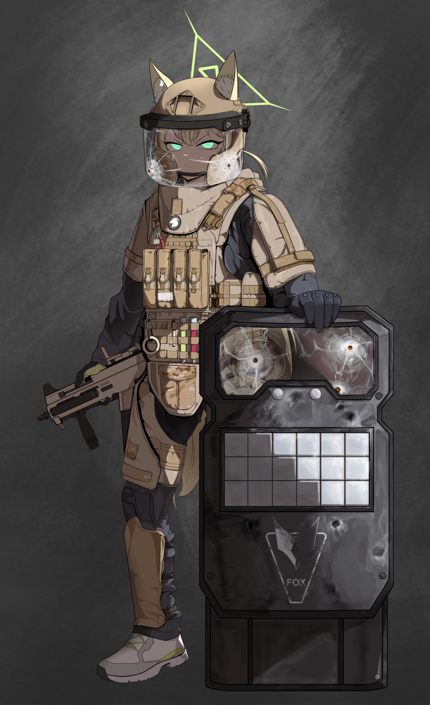 1girl, absurdres, animal_ears, black_gloves, blonde_hair, blue_archive, boots, bullet_hole