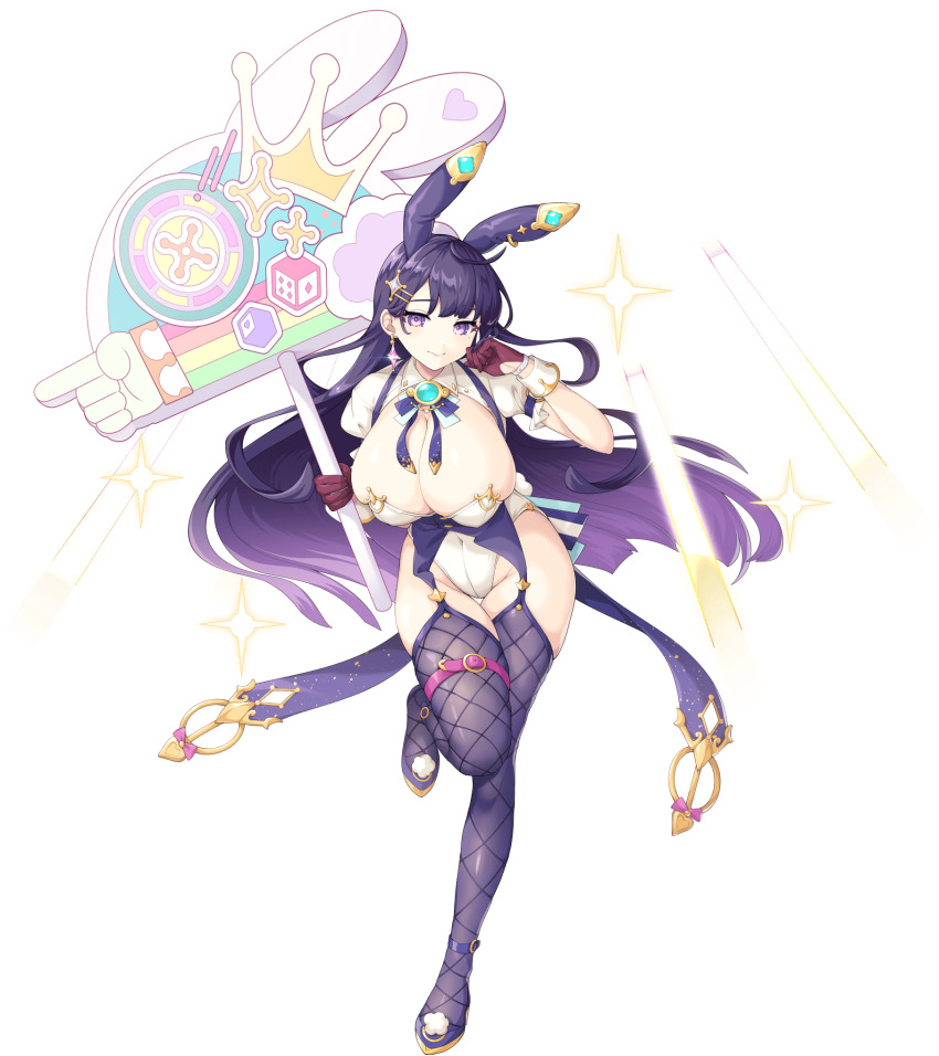 1girl, animal_ear_hairband, animal_ears, artist_request, bare_hips, breasts, cassiopeia_(legend_clover), covered_navel, crown, detached_sleeves, dice, earrings, fake_animal_ears, fishnets, four-pointed_star, full_body, game_cg, gloves, groin, hair_ornament, hairband, highres, holding, holding_sign, jewelry, large_breasts, legend_clover, mole, mole_under_eye, official_alternate_costume, official_art, purple_eyes, purple_hair, rabbit_ear_hairband, rabbit_ears, sign, solo, third-party_source, transparent_background