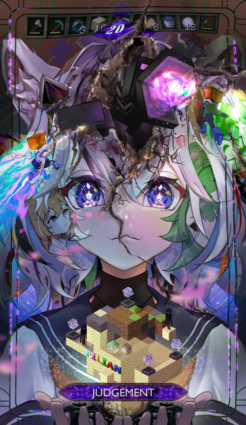 1boy, 3girls, abstract, absurdres, animal_ear_fluff, animal_ears, blue_eyes, blue_sailor_collar, blue_skirt, brown_hair, card, card_(medium), cat_ears, closed_mouth, crelly, end_crystal, ender_dragon, enderman, english_text, filian_(vtuber), green_eyes, hair_between_eyes, highres, indie_virtual_youtuber, long_hair, medium_hair, minecraft, multiple_girls, neuro-sama, purple_eyes, red_eyes, sailor_collar, school_uniform, serafuku, short_sleeves, skirt, star-shaped_pupils, star_(symbol), symbol-shaped_pupils, tarot, tarot_(medium), tarot_card, turtle, upper_body, vedal987, vedal_ai, virtual_youtuber, white_hair, white_serafuku, windsketchy