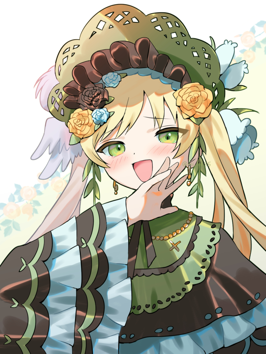 1girl, :d, black_flower, black_rose, blonde_hair, bonnet, commentary_request, earrings