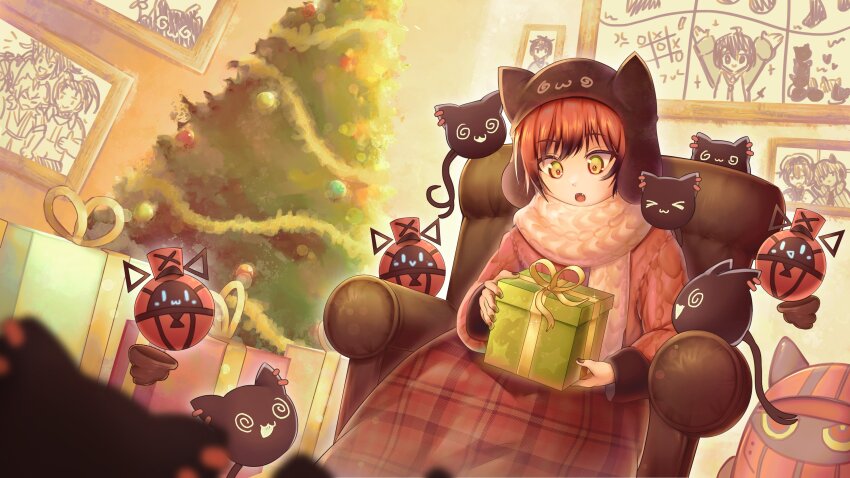 >_<, 1boy, @_@, absurdres, animal_ears, christmas_tree, commentary, couch
