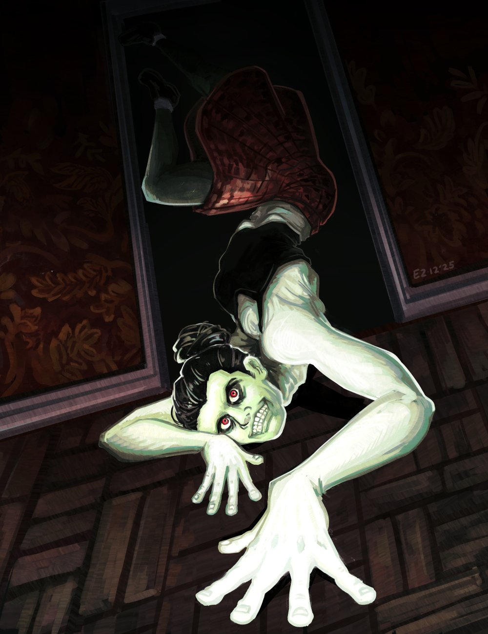 1girl, 2025, black_hair, black_tank_top, body_horror, brown_skirt, cat_lady_(no_i'm_not_a_human), colored_skin