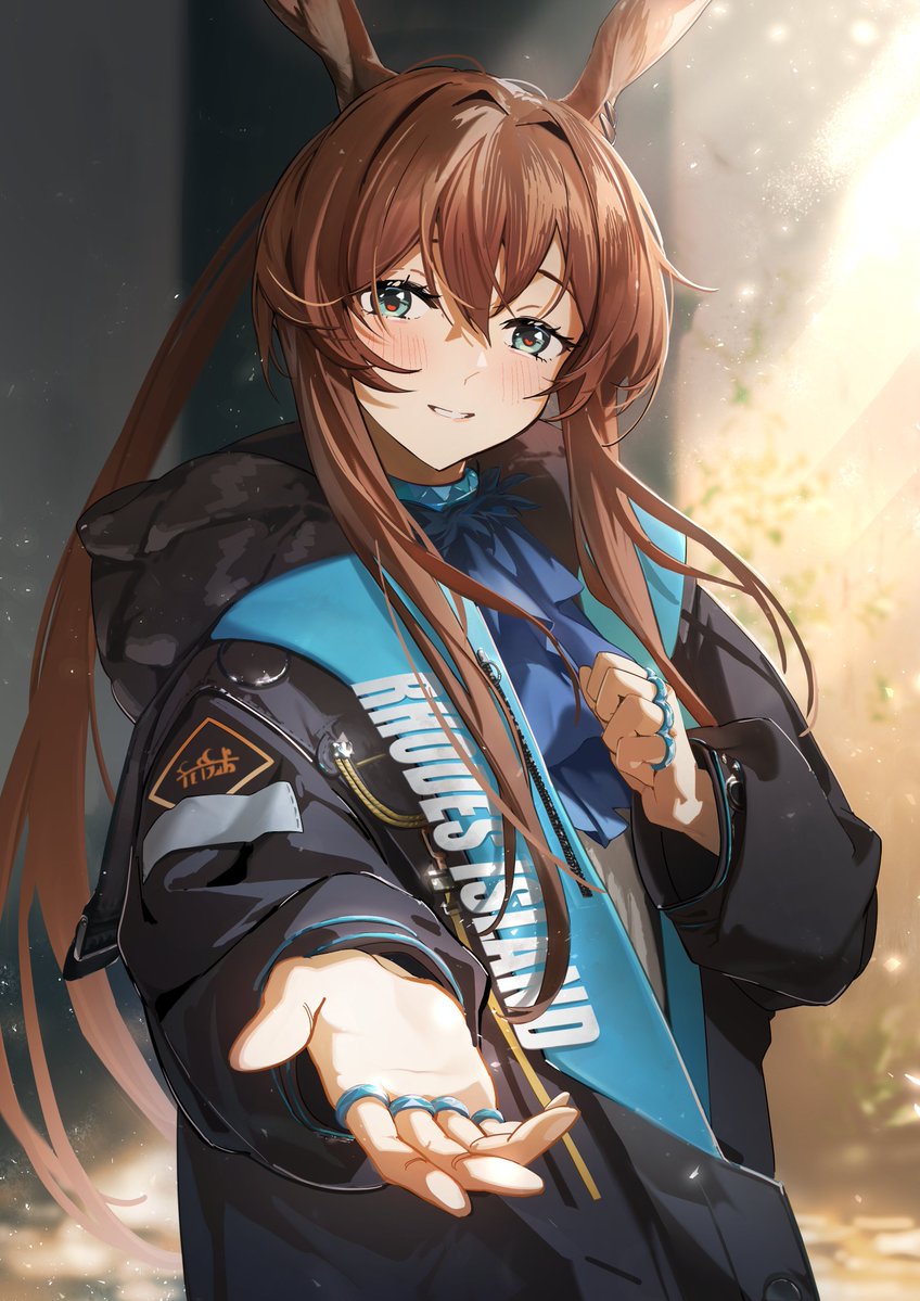 1girl, amiya_(arknights), animal_ears, arknights, blush, brown_hair, coat, collar